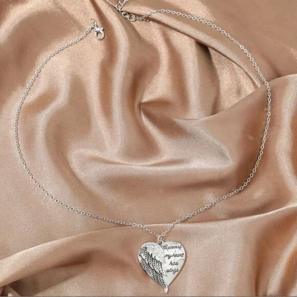 Silver Plated Memorial Heart With Wings Necklace - Picture 4 of 5